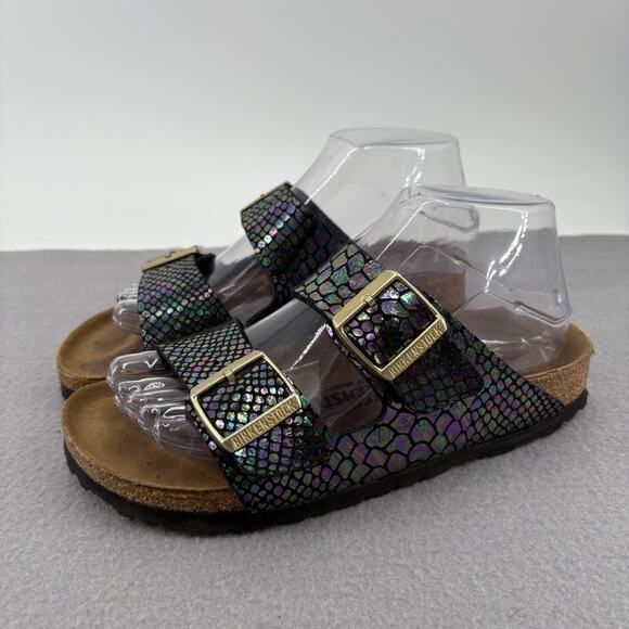 Birkenstock Shoes - Birkenstock Arizona Sandals 37 US 6-6.5 Iridescent Snake Scale Black Two Strap